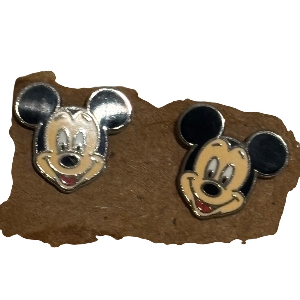 Disney Mickey Mouse Enamel Stud Earrings Silver Tone Classic Face Post Backs